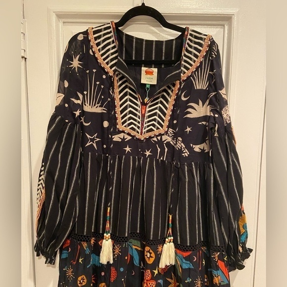 NWT Farm Rio Black Mixed Prints Embroidered Beaded Black White Maxi Dress Unique - Picture 10 of 16